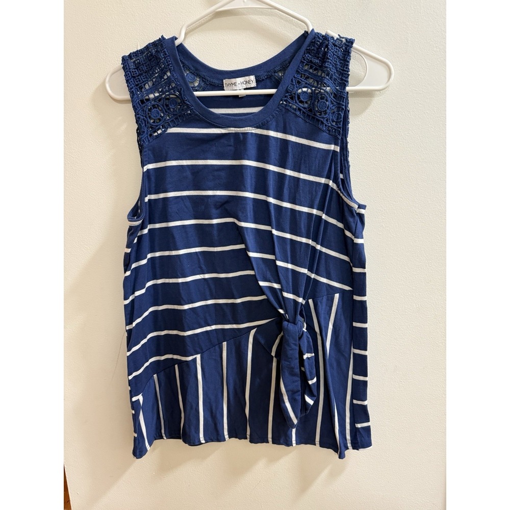 Thyme + Honey Women's Blue‎ White Striped Tank With Lace Size S